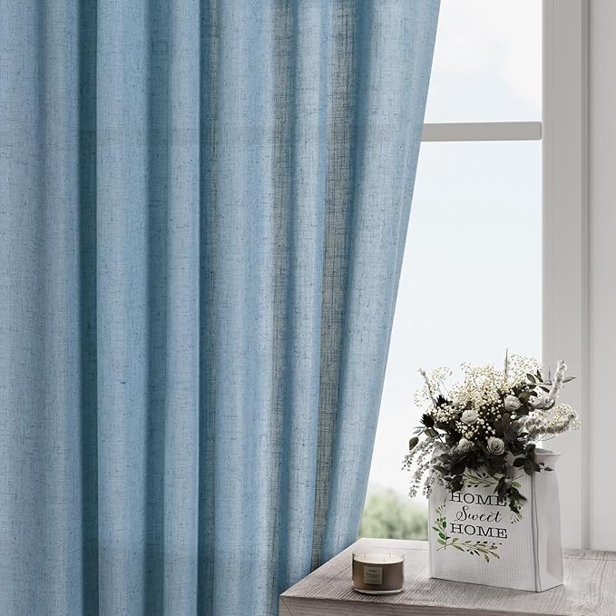 Linen Blue Curtains 120 inch Extra Long for Living Room Back Tab Light Filtering Semi Sheer Drapes Modern Farmhouse Coastal Decor Cotton Textured Curtain for Floor to Ceiling High Window 52x120