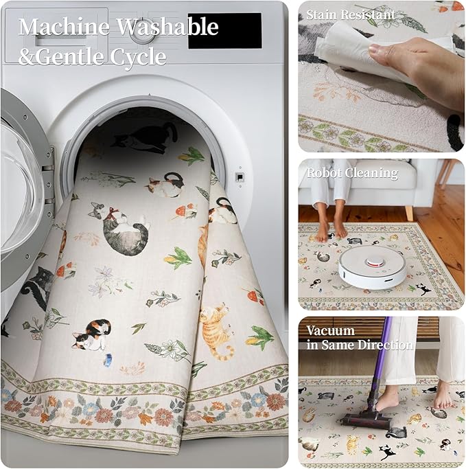 2x12 Washable Hallway Runner Rug - Soft Low Pile Floral Animal Cat Print Rugs with Non-Slip Backing Waterproof Stain-Resistant Indoor Carpet for Kitchen Entryway Bathroom Bedroom (Light Beige)
