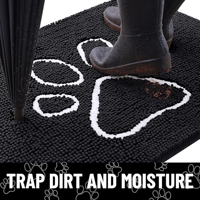 Smiry Dog Door Mat for Muddy Paws, Absorbent Dirt Trapper Non Slip Quick Dry Washable Chenille Mat for Mud Dogs, Entry Rug for Indoor and Outdoor (44x32 Inches, Black and White)