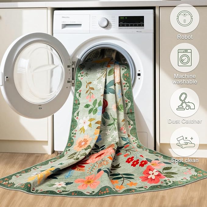 Runner Rug for Entryway: 2x6 Kitchen Rugs Non Slip Washable Ultra-Thin Soft Floral Carpet Indoor Floor Stain Resistant Carpets for Hallway Bedroom Kitchen Laundry Bathroom Dorm Green
