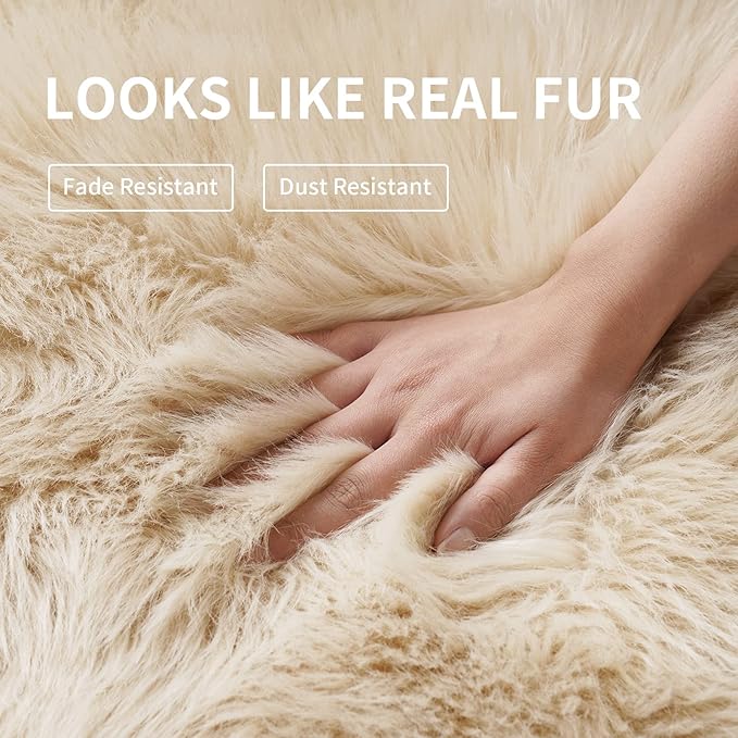 Faux Fur Rug, Beige Small Fluffy Rug for Sofa Chair Couch Cover 2x4 Feet, Ultra Soft Fuzzy Shag Rug for Bedroom, Indoor Shaggy Plush Floor Carpets Luxury Home Decor for Bedside