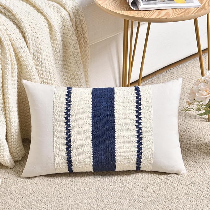 Fancy Homi Set of 1 Navy Blue Lumbar Decorative Throw Pillow Covers 12x24 Inch for Couch Bed Sofa Living Room, Aesthetic Modern Organic Farmhouse Home Decor, Soft Cotton Woven Textured Cushion Case