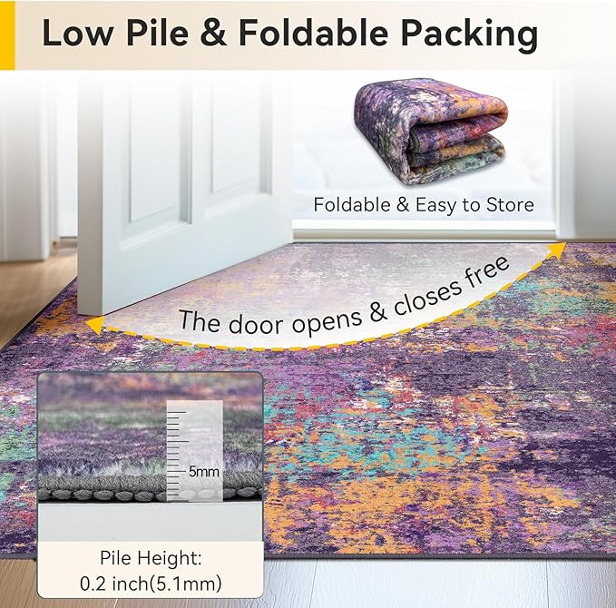 Washable Area Rugs 9'x12' Non-Slip Modern Abstract Soft for Living Room Entryway Bedroom Nursery, Print Pattern, Purple Orange Blue Green Rust Red Colorful