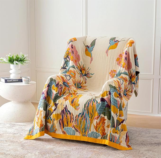 MSGKV Boho Throw Blanket for Bed 100% Cotton Throw Floral Couch Blanket 80''x90'', Spring Breathable Travel Muslin Blanket for Women Home Decor