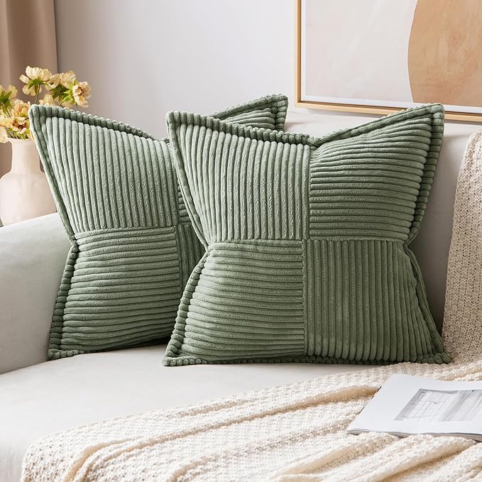 MIULEE Decorative Throw Pillow Covers for Couch Bed Livingroom 18x18 Inch Set of 2 Light Olive Green Boho Accent Throw Pllows Broadside Striped Patchwork Soft Corduroy Summer Pillowcases