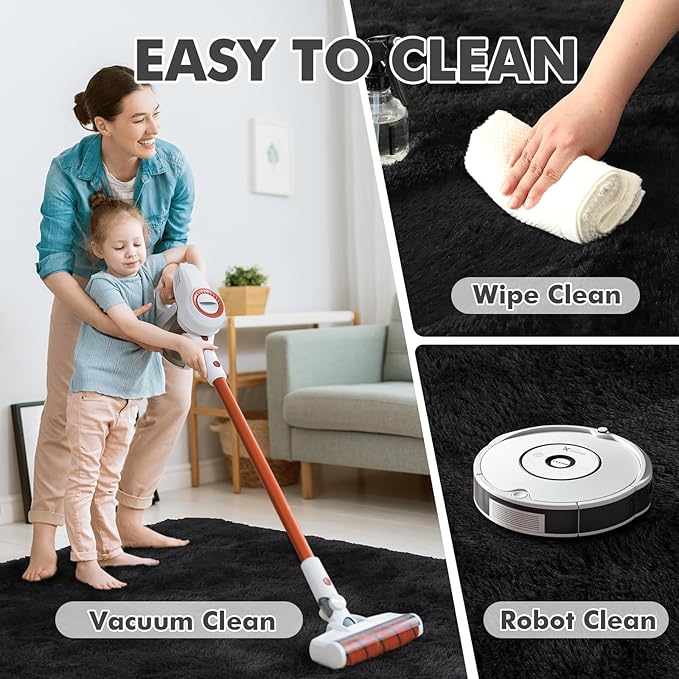 5x7 Ft Shag Black Rug for Bedroom, Tie Dyed Ultra Soft Fluffy Furry Area Rugs for Living Room Indoor Floor, Aesthetic Carpet for Kids Home Decor