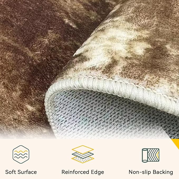 Washable Area Rugs 2'x6' Non-Slip Modern Abstract Soft for Living Room Entryway Bedroom Nursery, Print Pattern, Brown Tan Beige Coffee