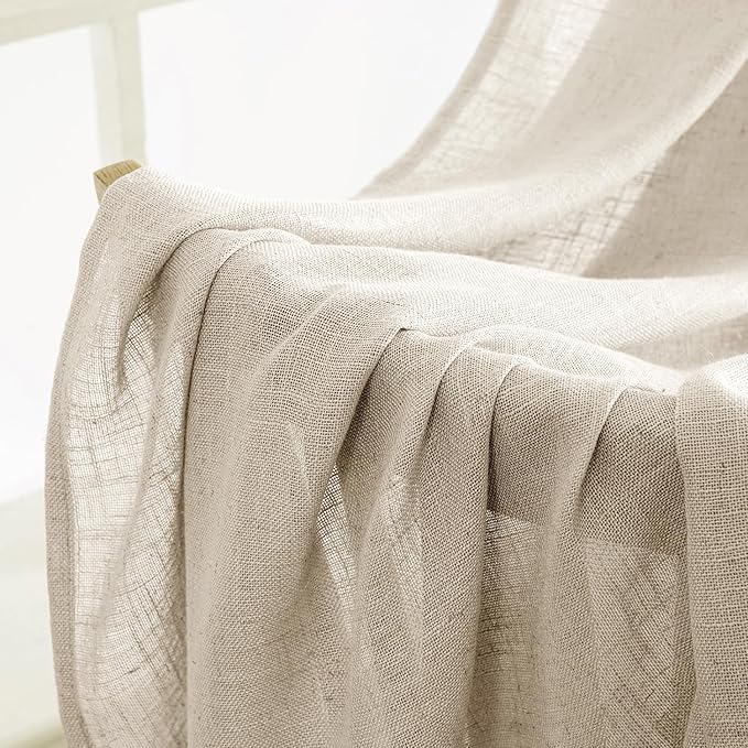 MIULEE Beige Linen Curtains 45 Inch Length 2 Panels for Bedroom Living Room, Soft Linen Textured Window Drapes Semi Sheer Light Filtering Back Tab Rod Pocket Farmhouse Modern Burlap Look Decor