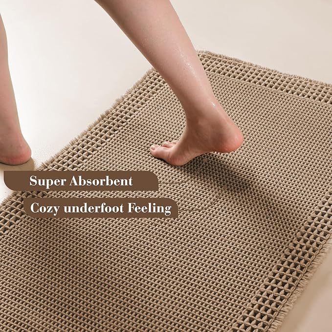 RESARE Waffle Bathroom Runner Rugs, Super Absorbent Bath Mat Non Slip Washable Quick Dry, Upgraded Ultra Soft Boho Bath Rugs with Tassels for Hallway Bedroom Laundry Room, 20"x32" Brown