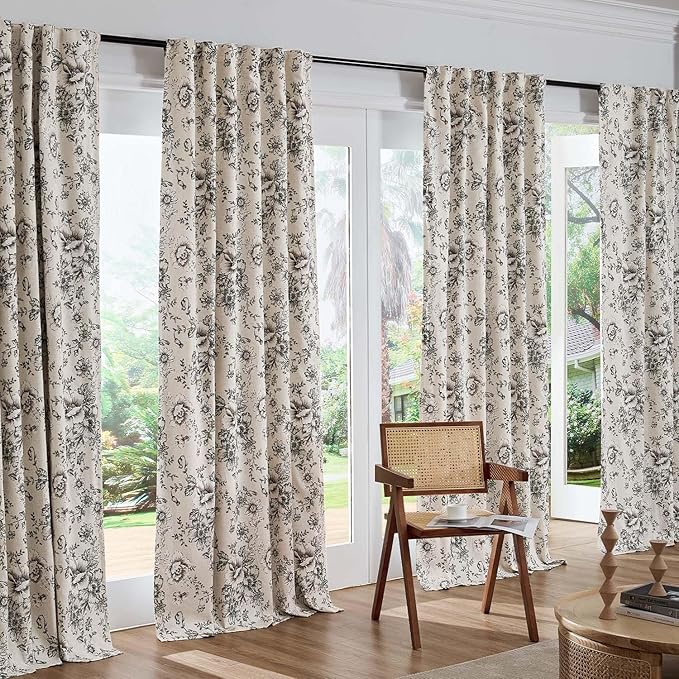 jinchan Blackout Floral Curtains for Living Room Bedroom Linen Blend Curtain Farmhouse Black Printed with Lined Back Tab Rod Pocket Drapes Window Treatments 2 Panels 96 Inch