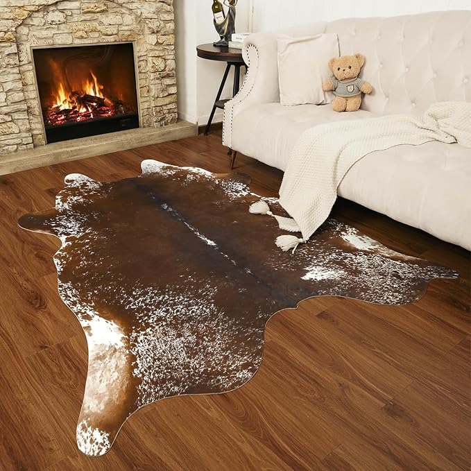 AROGAN Western Decor Faux Fur Cowhide Rug, 6.2x7 Feet Premium Animal Skin Cow Hide Rug, Durable Cow Print Rugs for Wall Decor, Western Floor Carpet for Bedroom Living Room, Spotted Brown
