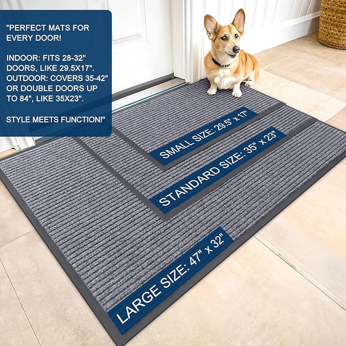 OLANLY Front Door Mat Indoor Outdoor Entrance, 2-Pack 47 x 23 Inch, Waterproof Heavy Duty Doormat, Fade Resistant, Low Profile, Easy Clean Patio Porch Welcome Floor Mats for Entry, Light Gray