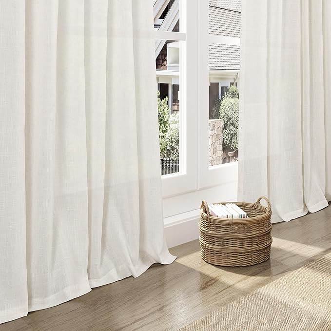 Cream Semi Sheer Curtains 96 Inches Long Back Tab Pocket Ivory Linen Living Room Curtain 2 Panel Sets Light Filtering Luxury Drapes Boho Farmhouse Room Curtains for Bedroom Aesthetic 8Ft 40x96