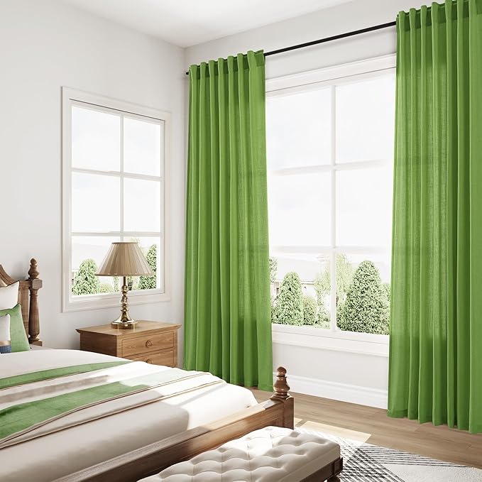 Nanspring Lime Green Linen Blend Light Filtering Back Tab Curtains 102 Inches Long, Semi Sheer Privacy Drapes for Living Room & Bedroom, 52x102 inch, 2 Panels