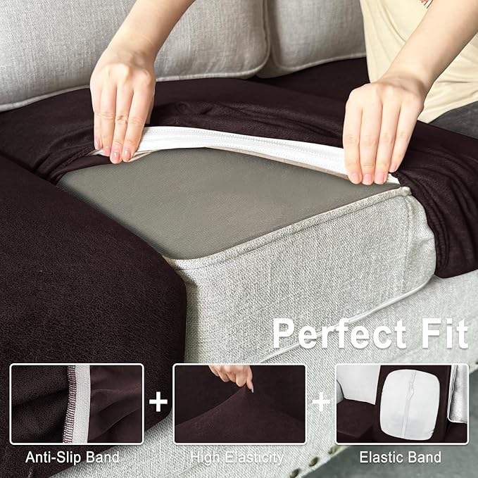 Leather Look Couch Cushion Covers Sofa Seat Slipcovers Sets Couches Furniture Protector for Sectional Armchair Loveseat Pets Kids Stretch Spandex Fabric (3 Cushion XL Sofa, Chocolate)