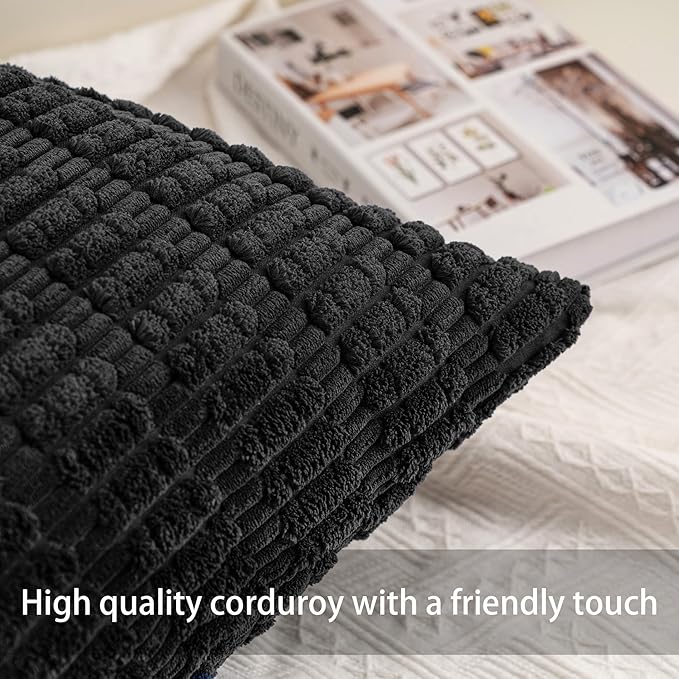 Pack of 2 Corduroy Decorative Throw Pillow Covers 18x18 InchSoft Boho Striped Pillow Covers Modern Farmhouse Home Decor for Sofa Living Room Couch Bed（Black）