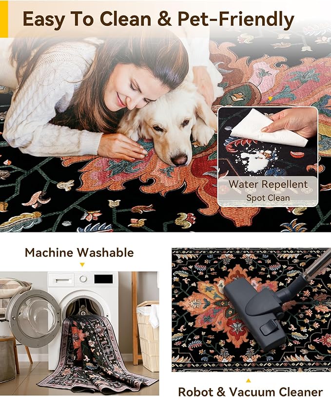Area Rugs 2'x8' Runner Rug Non Slip Washable for Kitchen Hallway Bedroom Beside Laundry Room Bathroom Rug, Floor Carpet, Black Colorful Floral Dark Tan