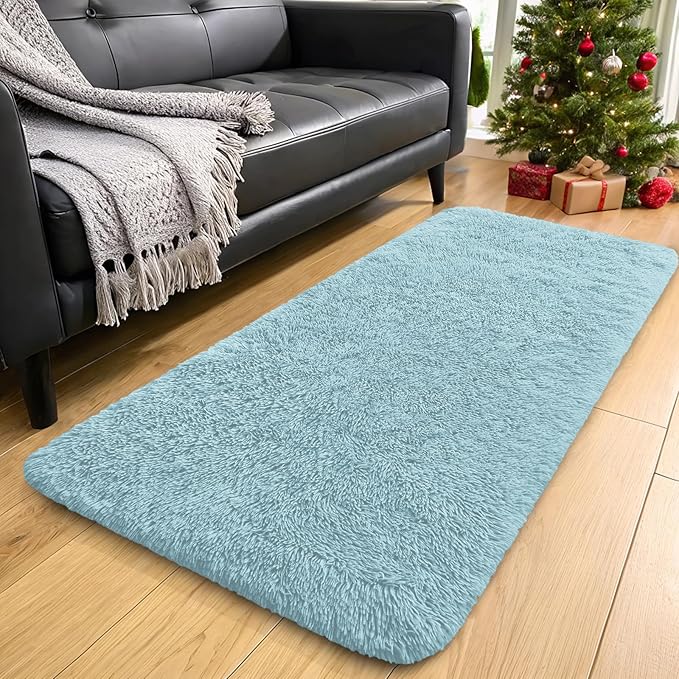 OLANLY 2x8 Machine Washable Runner Rugs for Hallway, Soft Fluffy Shaggy Bedside Rugs for Bedroom, Living Room, Indoor Floor Carpet for Kids Girls and Boys, Home Decor Aesthetic, Light Blue