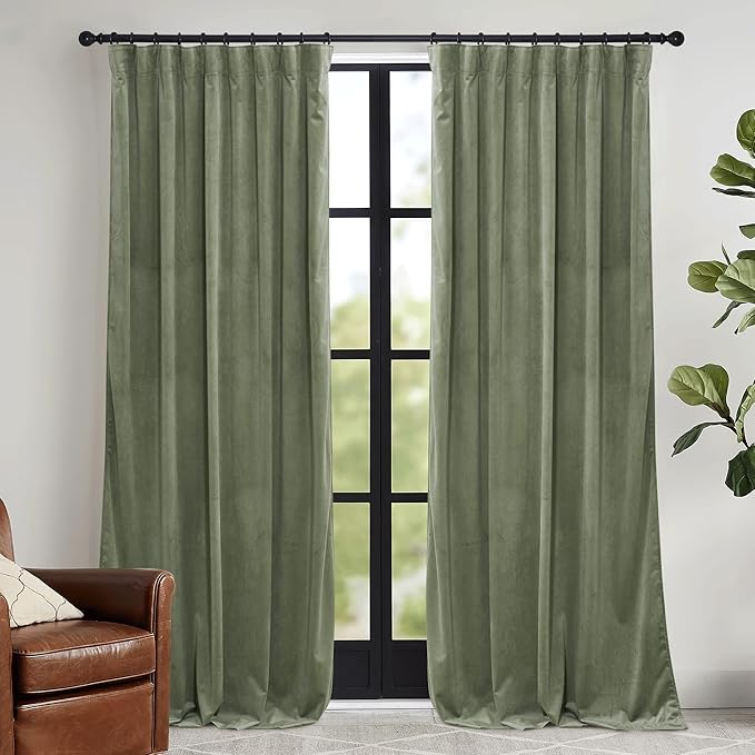RYB HOME Sage Green Velvet Curtains 108 inch, Room Darkening Super Soft Velvet Drapes for Living Room Thermal Insulated Pleat Tapes Window Treatment for Bedroom Playroom, W52 x L108 inch, 2 Panels