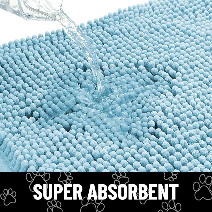 Smiry Dog Door Mat for Muddy Paws, Absorbent Dirt Trapper Non Slip Quick Dry Washable Chenille Mat for Mud Dogs, Entry Rug for Indoor and Outdoor (48x30 Inches, Sky Blue and White)