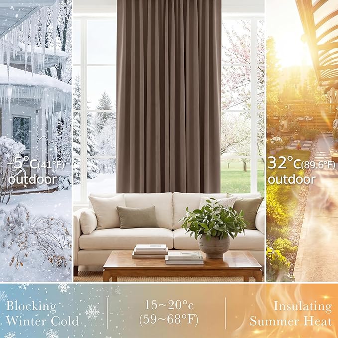 PONY DANCE Blackout Window Drapes - 42 by 72-inch, Mocha Curtain Draperies Light Block Thermal Insulated Curtain Panels Back Tab/Rod Pocket Light Blocking Energy Saving for Bedroom, 2 PCs