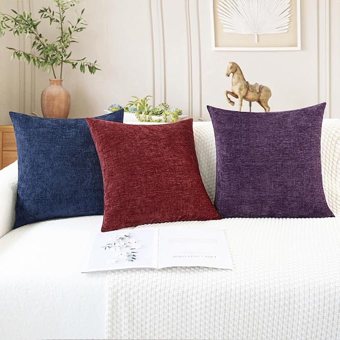 CaliTime Christmas Throw Pillow Covers Decorative 24 X 24 Inches Pack of 2 Cozy Chenille Cushion Cases for Couch Sofa Bed Living Room Home Burgundy