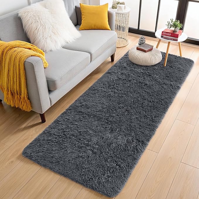 OLANLY 3x12 Machine Washable Runner Rugs for Hallway, Soft Fluffy Shaggy Bedside Rugs for Bedroom, Living Room, Indoor Floor Carpet for Kids Girls and Boys, Nursery Rooms, Home Decor Aesthetic, Grey