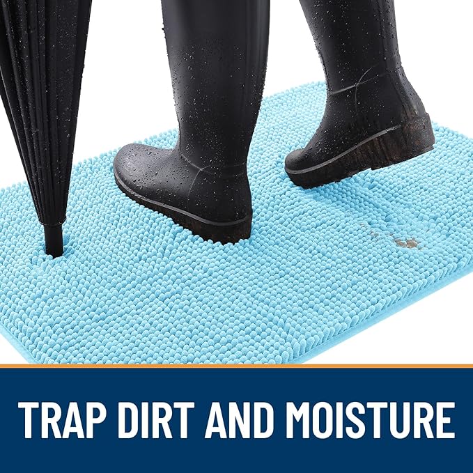OLANLY Dog Door Mat for Muddy Paws 34x21, Absorbs Moisture and Dirt, Absorbent Non-Slip Washable Doormat, Quick Dry Chenille Mud Mat for Dogs, Entry Indoor Entryway Carpet for Inside Floor, Blue