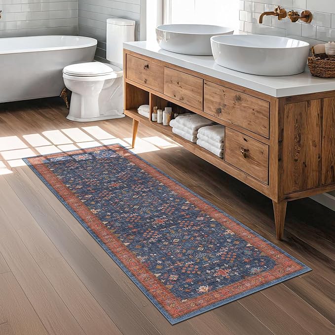 Hazo Haus Navy Blue Runner Rug 2x7 for Kitchen, Hallway, Mudroom, Laundry Room, Bathroom, Washable Non Slip Non Skid Rubber Backing Low Pile Stain Resistance