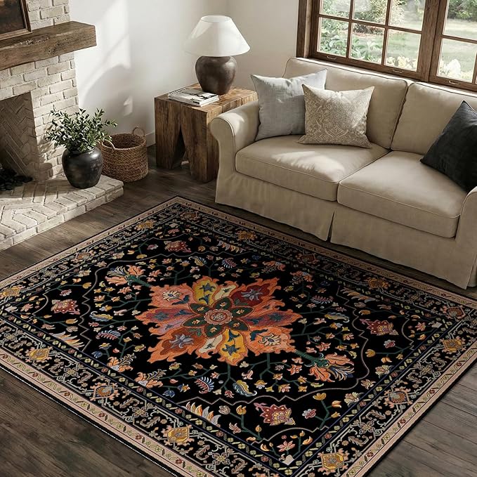 Area Rugs 4'x5' Washable Non-Slip, Floral Vintage Distress Print Pattern Medallion Carpet for Living Room Bedroom Dining Room, Black Colorful Floral Dark Tan
