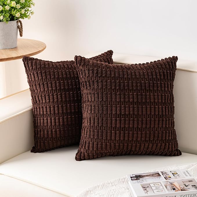 Pack of 2 Corduroy Decorative Throw Pillow Covers 24x24 InchSoft Striped Pillow Covers Modern Farmhouse Home Decor for Sofa Living Room Couch Bed（Dark Brown）