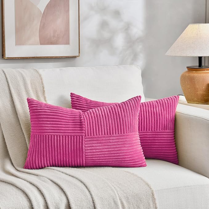 Fancy Homi 2 Packs Hot Pink Lumbar Decorative Throw Pillow Covers 12x20 Inch for Living Room Couch Bed Sofa, Rustic Farmhouse Boho Home Decor, Soft Striped Corduroy Rectangle Accent Cushion Case