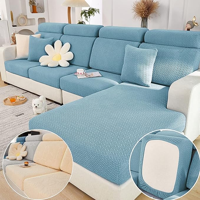 Couch Cushion Covers for Sofa Couch Covers Wear-Resistant Universal Sofa Cover Washable Stretch for Sectional Slipcovers (Texture-Sea Blue,Extra Large Single Seat Cover)