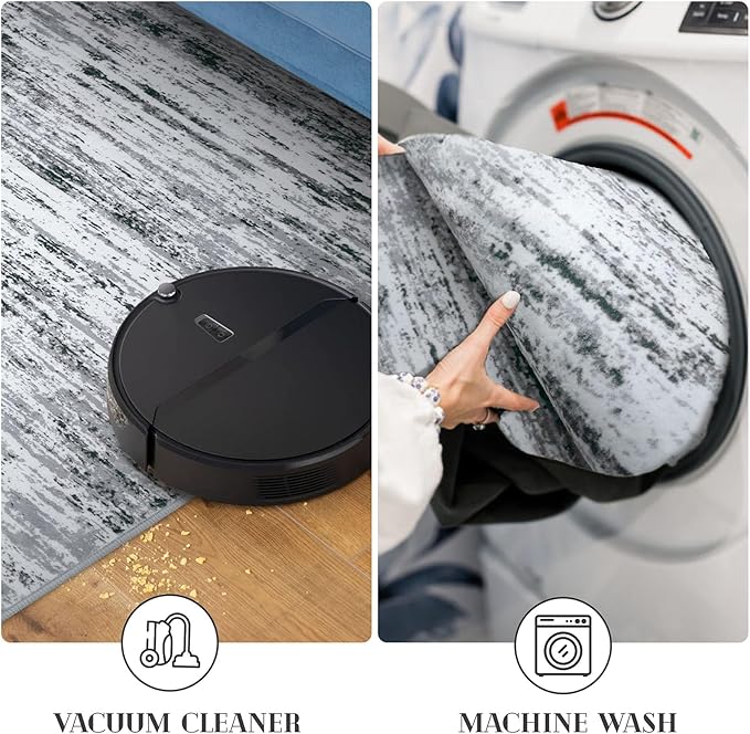 Lansny Modern Abstract Runner Rug 2.6x14, Black Grey White Washable Long Kitchen Runner Non-Slip Soft Hallway Rug Runner Thin Print Faux Wool Carpet for Entryway Bedroom Laundry Room Indoor Home Decor