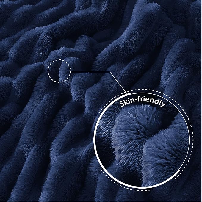Exclusivo Mezcla Fleece Throw Blanket for Couch, Super Soft Striped Jacquard Bed Blanket, Lightweight Fuzzy Cozy for All Seasons, 50x60 Inches, Navy Blue