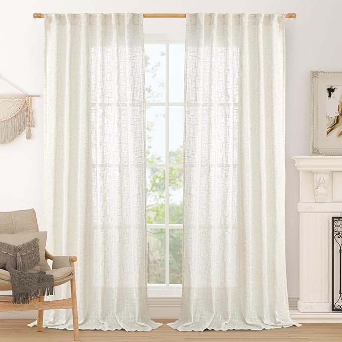 LAMIT 120 inch Semi Sheer Linen Curtains for Living Room, Cream Back Tab and Rod Pocket Curtains Light Filtering Country Rustic Neutral Drapes for Bedroom/Farmhouse, 2 Panels, 52 x 120 Inch