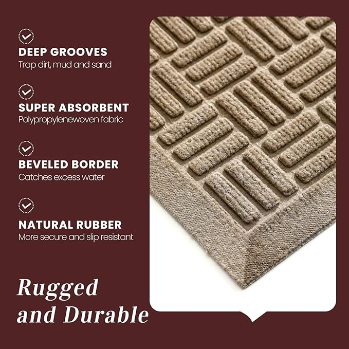 Mibao Front Door Mat Indoor Outdoor Entrance, Dirt Trapping Waterproof All-Season, All-Weather Doormat, Non-Slip Durable Natural Rubber Low Profile Easy Clean Patio Entrance Mat, 47" x 31.5", Beige