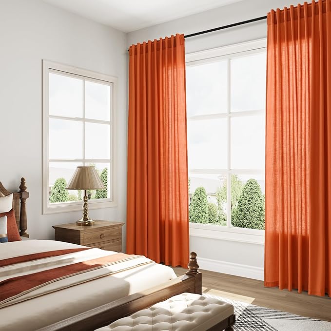 Extra Long Curtain Bright Orange Morden Linen Blend Light Filtering Back Tab Curtains for Long Winodws 120 Inches Length, Semi Sheer Privacy Drapes for Living Room, 52x120 inch, 2 Panels