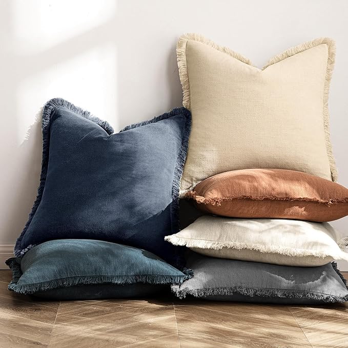 MIULEE Decorative Throw Pillow Covers Neutral Linen Fringe Throw Pillows Set of 2 Indigo Blue Boho Farmhouse Cushion Covers Coastal Decor for Couch Sofa Bed Living Room Spring Decor 26x26 Inch