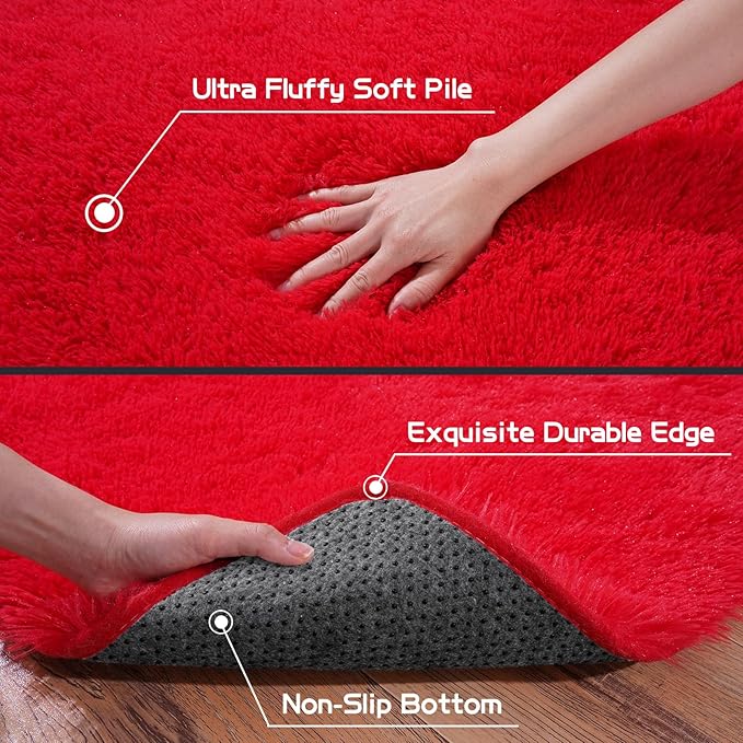 Pionblank 9x12 Area Rug for Living Room, Shag Large Rug for Bedroom, Soft Furry Non Slip Carpet for Kids Room Nursery Teens Dorm Home Decor, Red