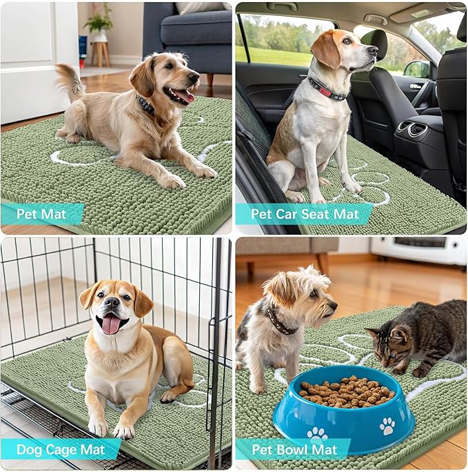 OLANLY Dog Door Mat for Muddy Paws 47x32, Paw Print Design, Absorbs Moisture and Dirt, Non-Slip Washable Doormat, Quick Dry Chenille Mud Mat for Dogs, Entry Indoor Entryway Carpet, Sage Green