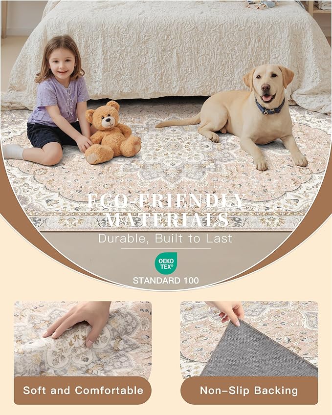 Madane Runner Rug 2x8, Washable Hallway Runner Rugs, Non-Slip Low-Pile Soft Kitchen Rug Runner Laundry Room Rug, Vintage Throw Entry Foyer Mat for Entrance Living Room (Pink/Gray, 2 x 8)