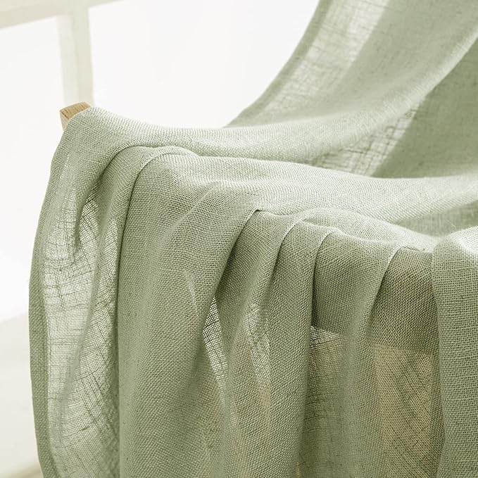 MIULEE Sage Green Short Linen Curtains 45 Inch Length 2 Panels for Kitchen Bedroom Bathroom, Soft Thick Linen Textured Basement Window Drapes Semi Sheer Light Filtering Back Tab Burlap Look Decor