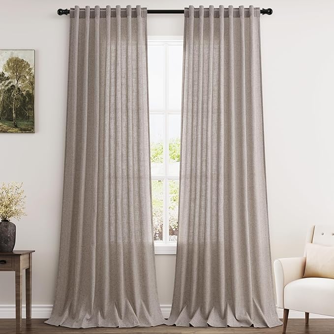Brownish Grey Linen Curtains 120 Inch Extra Long for Living Room Back Tab Light Filtering Semi Sheer Drapes Modern Farmhouse Boho Cotton Textured Curtain for Floor to Ceiling High Window 52x120