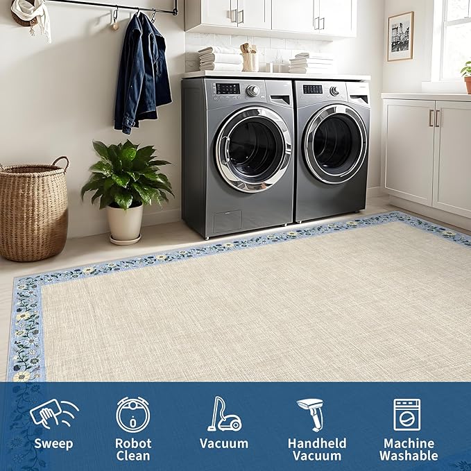 GarveeHome 4x6 Area Rugs for Bedroom Living Room Machine Washable Rugs Floral Bordered Small Carpet Non-Slip Stain Resistant Accent Carpet for Dining Room Table Apartment Office, Beige