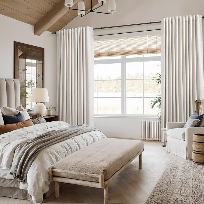 Beige White 100% Blackout Linen Curtains 100 Inch Length 2 Panels Set for Living Room Bedroom Back Tab Thermal Insulated Black Out Drapes Room Darkening Farmhouse Style for Bedroom Window Curtains