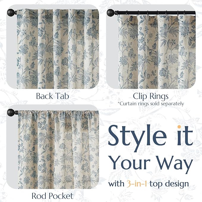 jinchan Linen Floral Curtains for Living Room with Printed Flower 63 Inches Long Light Filtering French Country Back Tab Rod Pocket Blue Window Curtain Set Farmhouse Drapes 2 Panels Blue