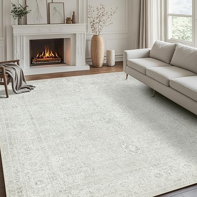 Washable Rugs 8x10 Area Rugs for Living Room,Bedroom,Dining Room- Large Ultra Soft Faux Wool Retro Carpets,Non Slip&Non-Shedding Low Pile Vintage Carpet for Home Office,Concrete Grey