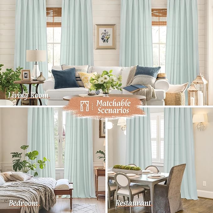 LAMIT Linen Curtains 63 Inch for Bedroom, Light Filtering Neutral Semi Sheer Window Treatment Farmhouse Curtains Rod Pocket Panels for Living Room/Dining Room, 2 Panels, 52 x 63 Inch, Light Blue
