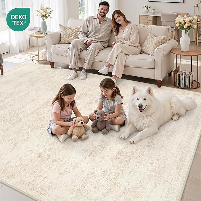 Area Rugs 9x12 Living Room: Vintage Boho Neutral Washable Rug Indoor Soft Large Area Rug Carpet for Bedroom Nursery Farmhouse Dining Room Office Floor Non-Slip Low Pile Under Table Rug Retro Beige